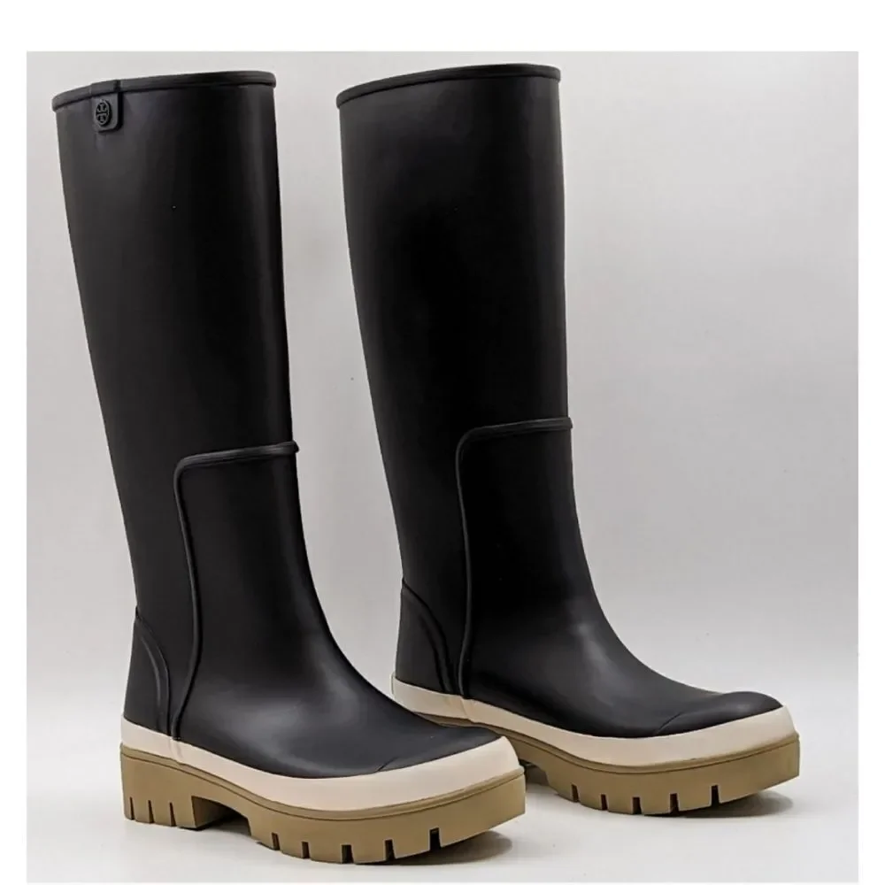 Tory Burch Hurricane Tall Lug Boot Perfect Black Rubber Boot Size 9 NEW